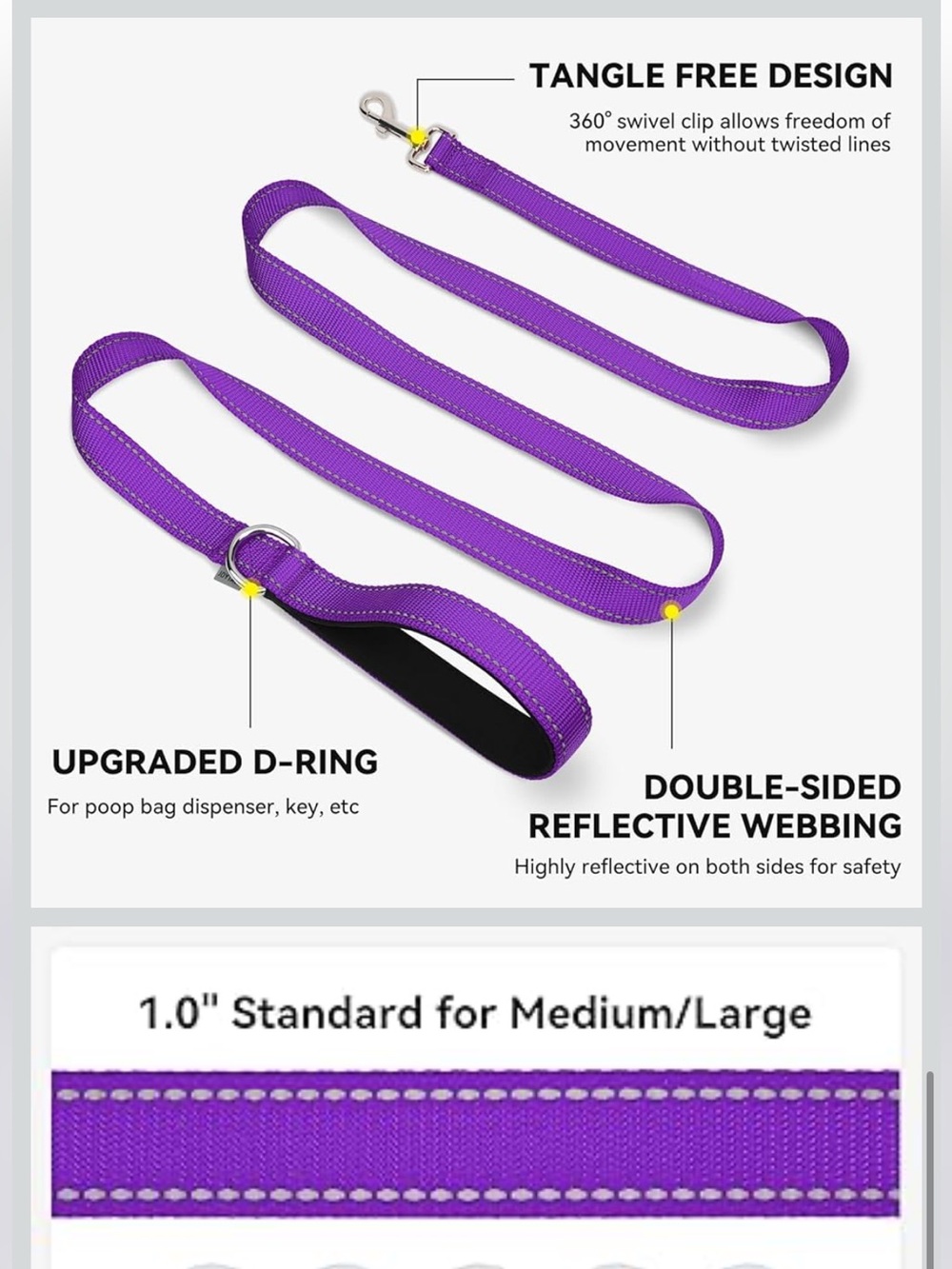 BRAND NEW Joytale Reflective Purple Dog Leash with D-Ring - 15-40 lbs